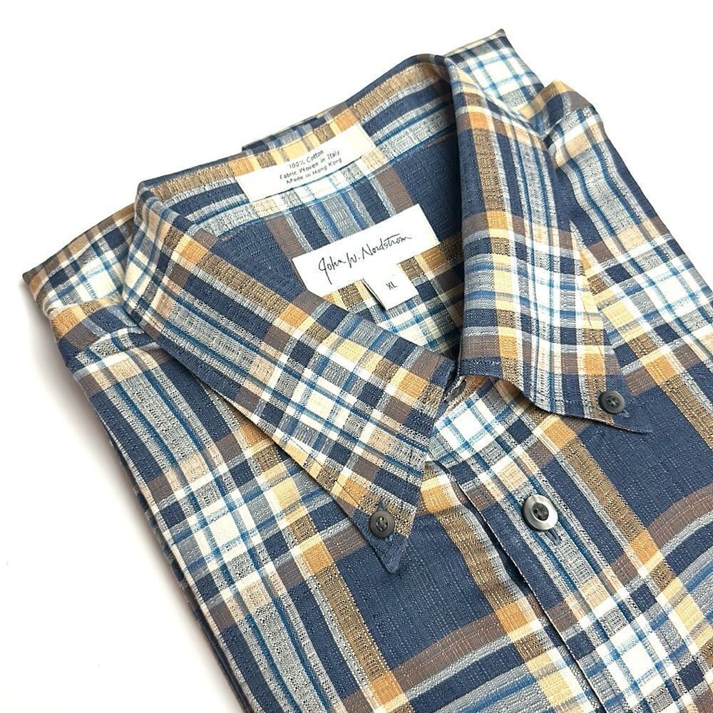 John W. Nordstrom Button Down Shirt Cotton Plaid Blue Tan Ivory Vintage XL